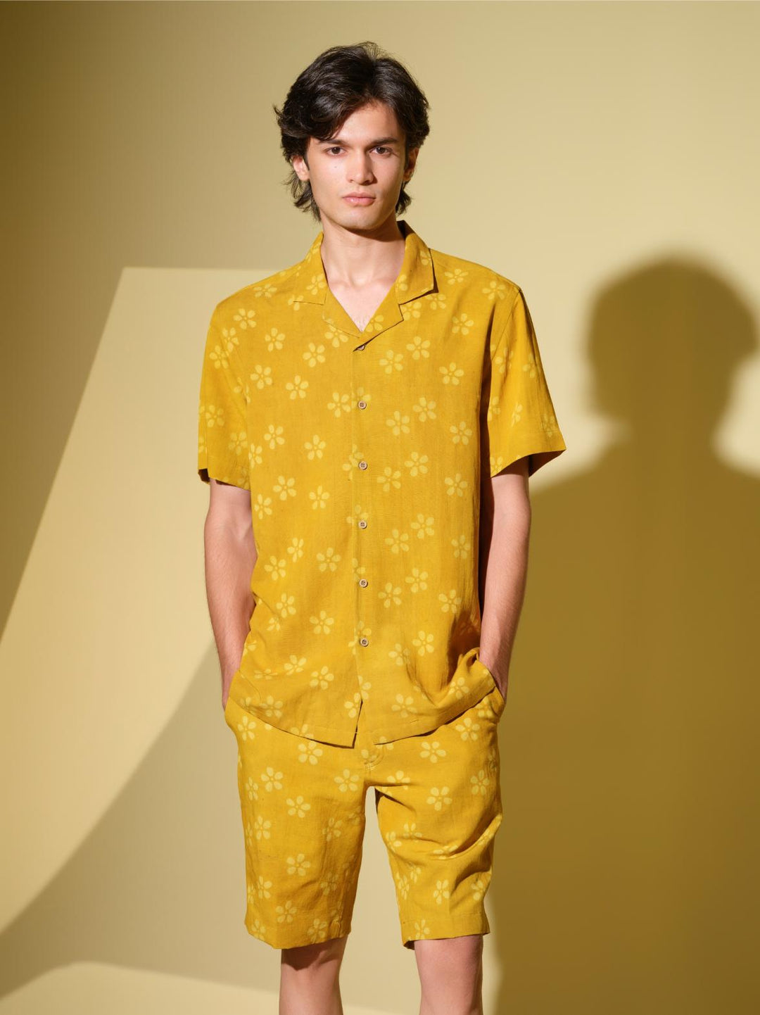 Co - ord SetsPrakriti - Men's Organic Block Printed Linen and Bamboo yellow co - ord setVasudhaa VastrramFlourish Planet