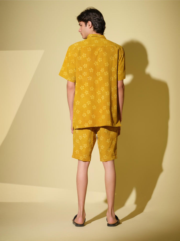 Co - ord SetsPrakriti - Men's Organic Block Printed Linen and Bamboo yellow co - ord setVasudhaa VastrramFlourish Planet