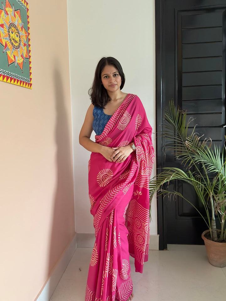 SareesRozy Roti Pink Dabu Print SareePolki by Bhagwati SareesFlourish Planet
