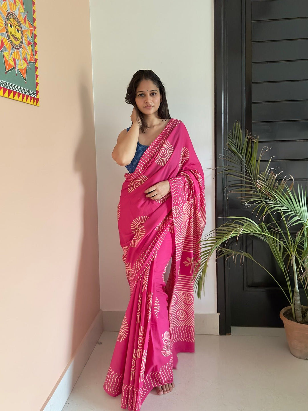SareesRozy Roti Pink Dabu Print SareePolki by Bhagwati SareesFlourish Planet