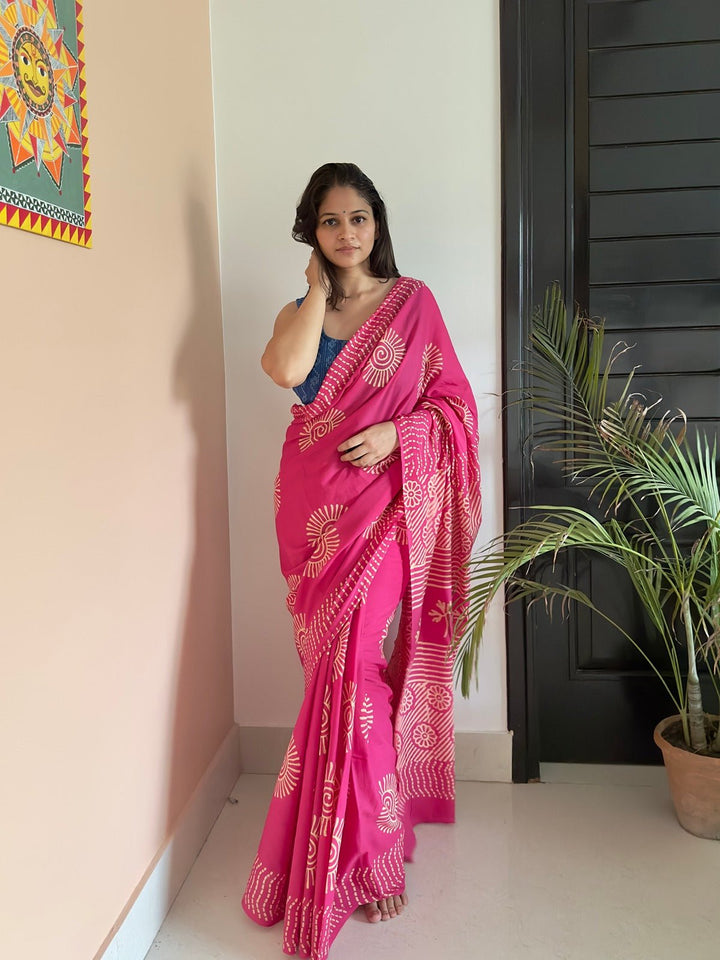SareesRozy Roti Pink Dabu Print SareePolki by Bhagwati SareesFlourish Planet