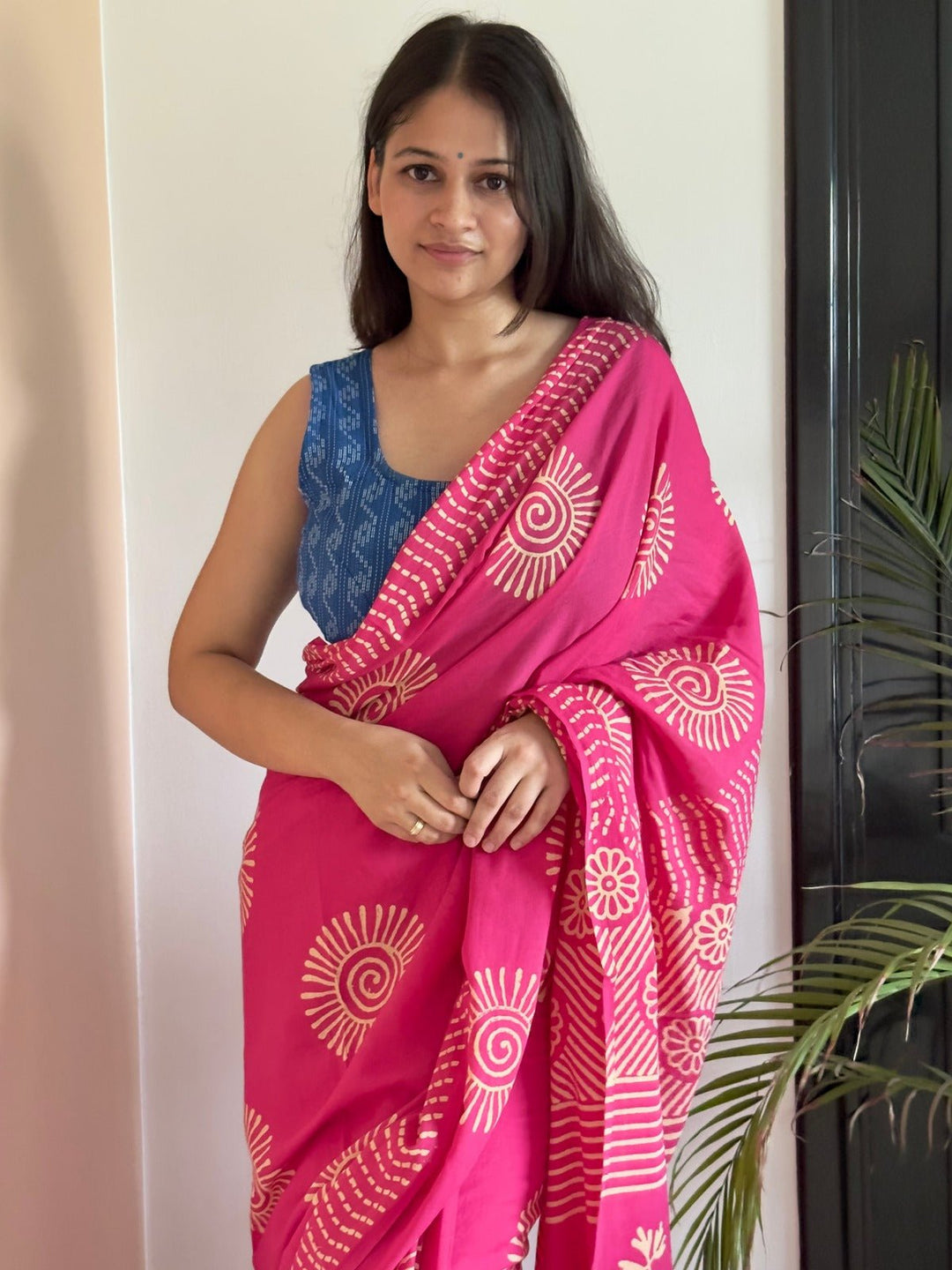 SareesRozy Roti Pink Dabu Print SareePolki by Bhagwati SareesFlourish Planet