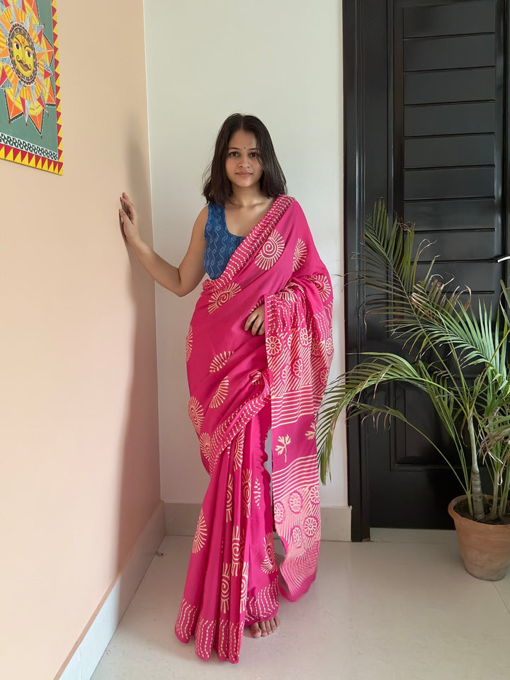 SareesRozy Roti Pink Dabu Print SareePolki by Bhagwati SareesFlourish Planet