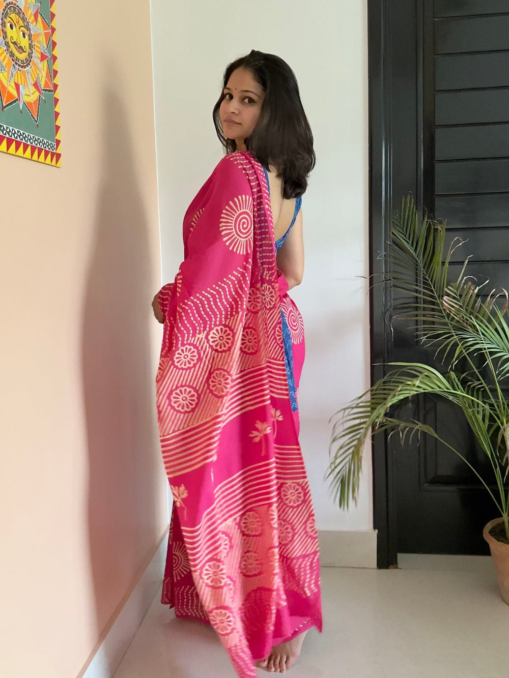 SareesRozy Roti Pink Dabu Print SareePolki by Bhagwati SareesFlourish Planet
