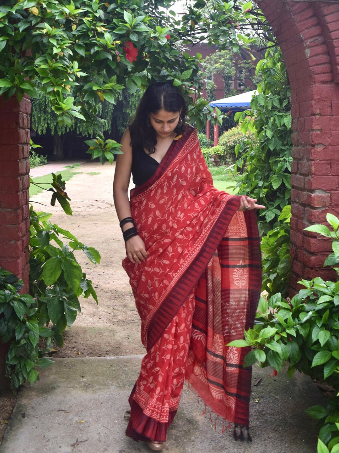SareesSindoori Sohbat Red Hand Block Printed Katan silk & Linen SareePolki by Bhagwati SareesFlourish Planet