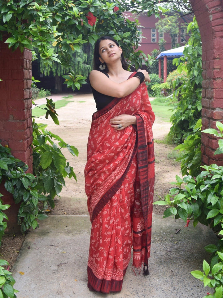 SareesSindoori Sohbat Red Hand Block Printed Katan silk & Linen SareePolki by Bhagwati SareesFlourish Planet