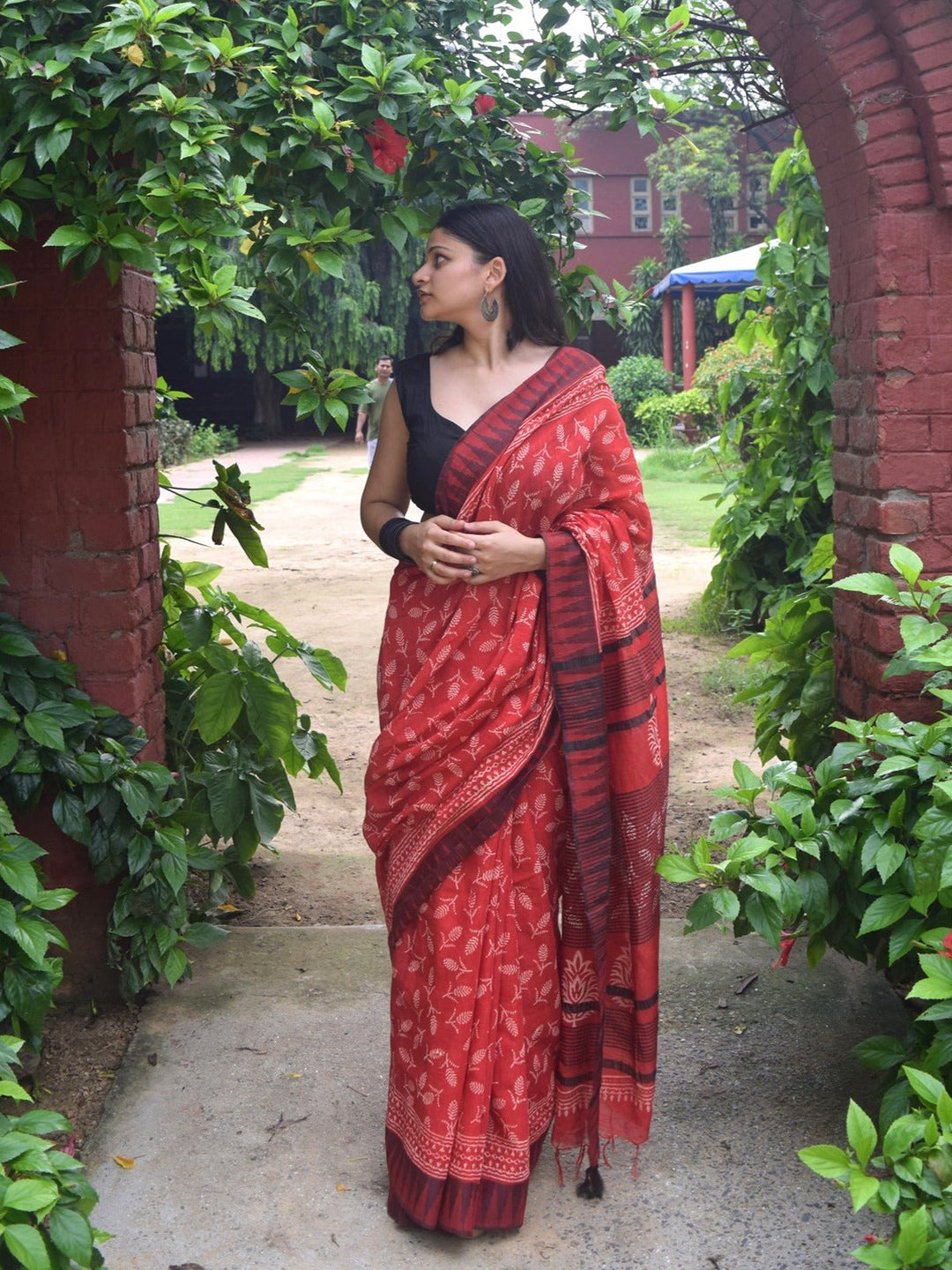 SareesSindoori Sohbat Red Hand Block Printed Katan silk & Linen SareePolki by Bhagwati SareesFlourish Planet