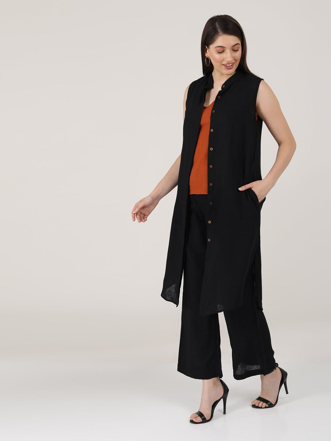 Co - ord SetSolid Long Shirt and Wide Leg Pants and V - neck Top 3 - Piece Co - ord SetSaltpetre