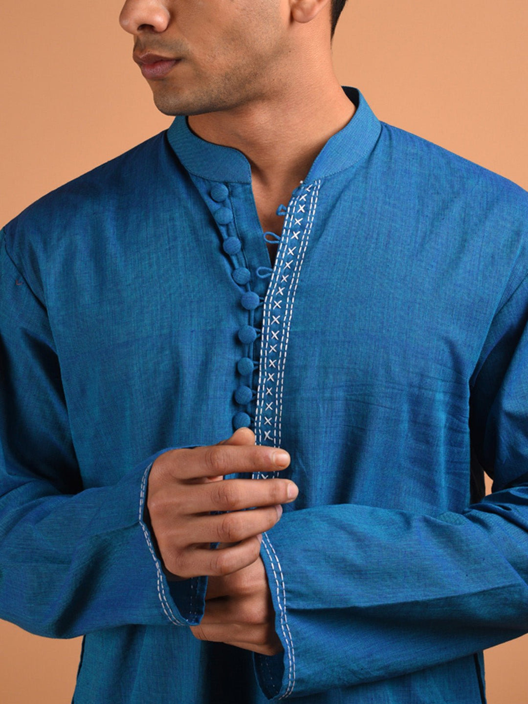 Shirts & T - shirtsTeal Hand Embroidered Men's Kurta BlueKalp