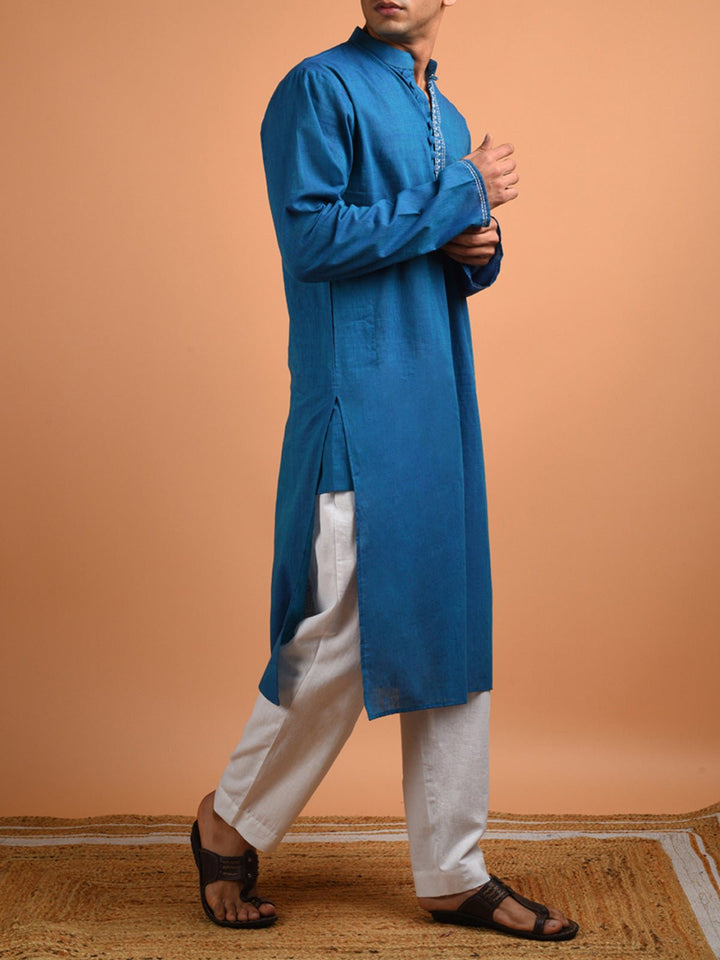 Shirts & T - shirtsTeal Hand Embroidered Men's Kurta BlueKalp