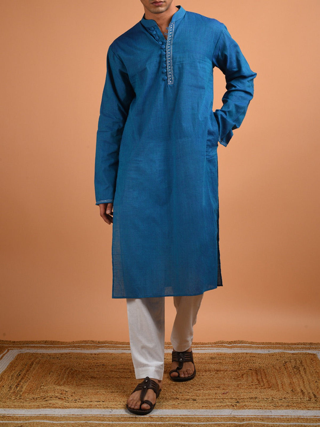 Shirts & T - shirtsTeal Hand Embroidered Men's Kurta BlueKalp