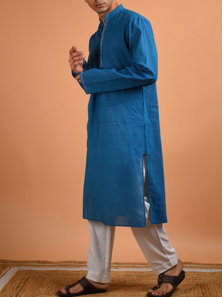 Shirts & T - shirtsTeal Hand Embroidered Men's Kurta BlueKalp