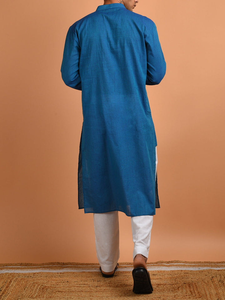 Shirts & T - shirtsTeal Hand Embroidered Men's Kurta BlueKalp