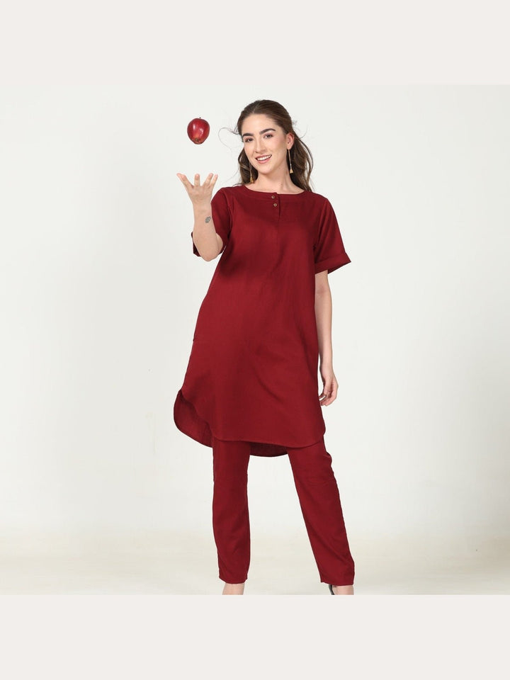 Co - ord SetTencel Solid Tunic with Tapered Leg Trousers Co - ord SetSaltpetre