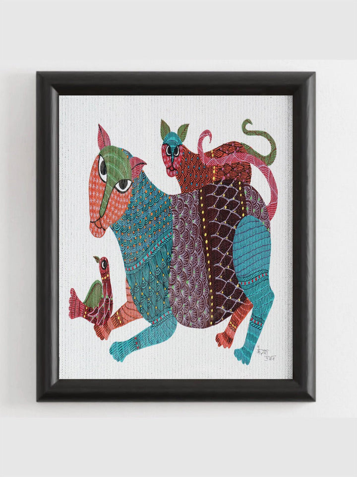 DecorTiger And The Cub Gond Art Painting - UnframedKailash Pradhan