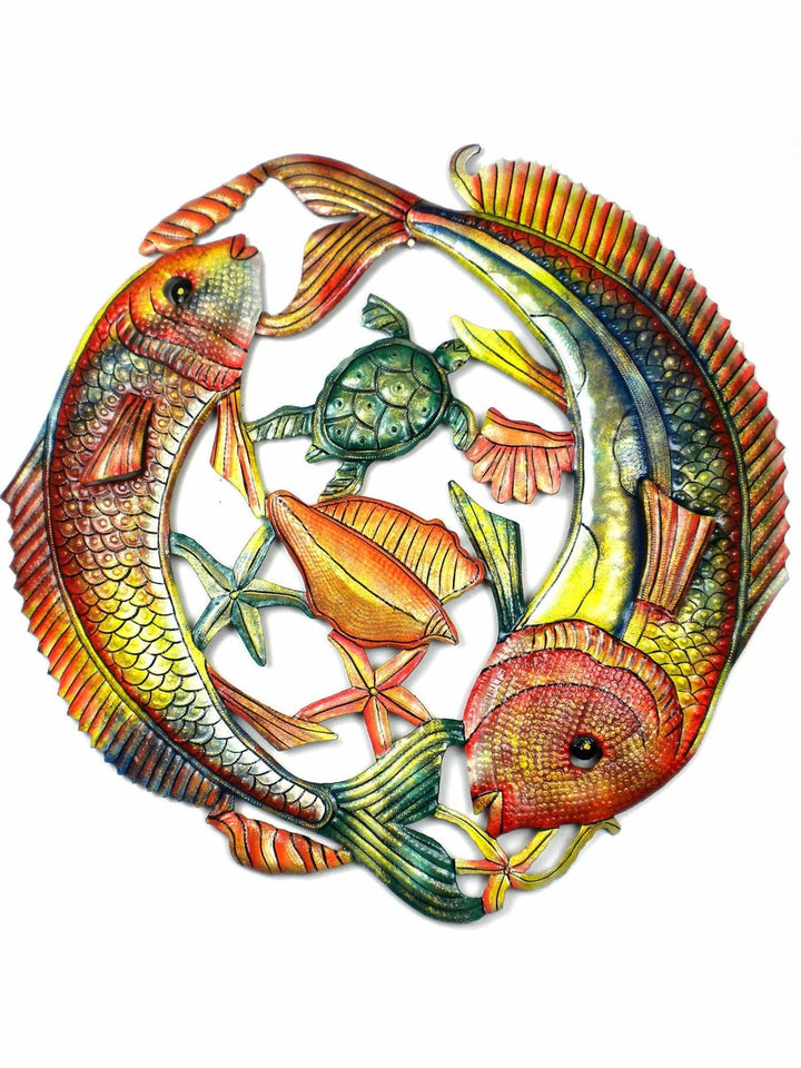 Home DecorTwo Fish Leaping Nautical Haitian Metal Drum Wall Art, 24"Global Crafts