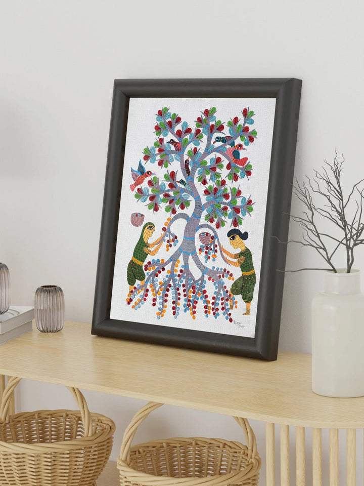 DecorTwo Women Plucking Fruit Gond Art Painting - UnframedKailash Pradhan