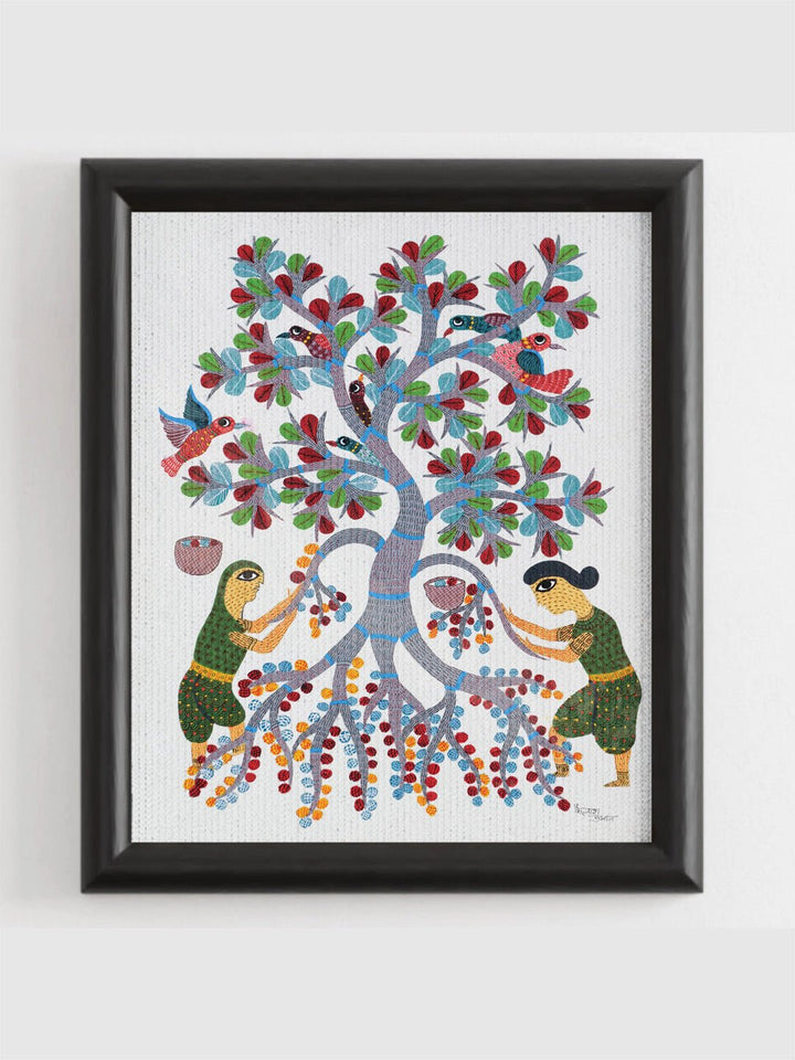 DecorTwo Women Plucking Fruit Gond Art Painting - UnframedKailash Pradhan