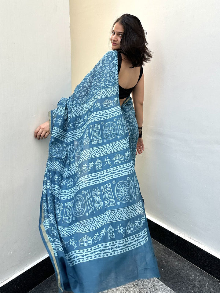 SareesWarli Waves Blue Chanderi Cotton SareePolki by Bhagwati SareesFlourish Planet