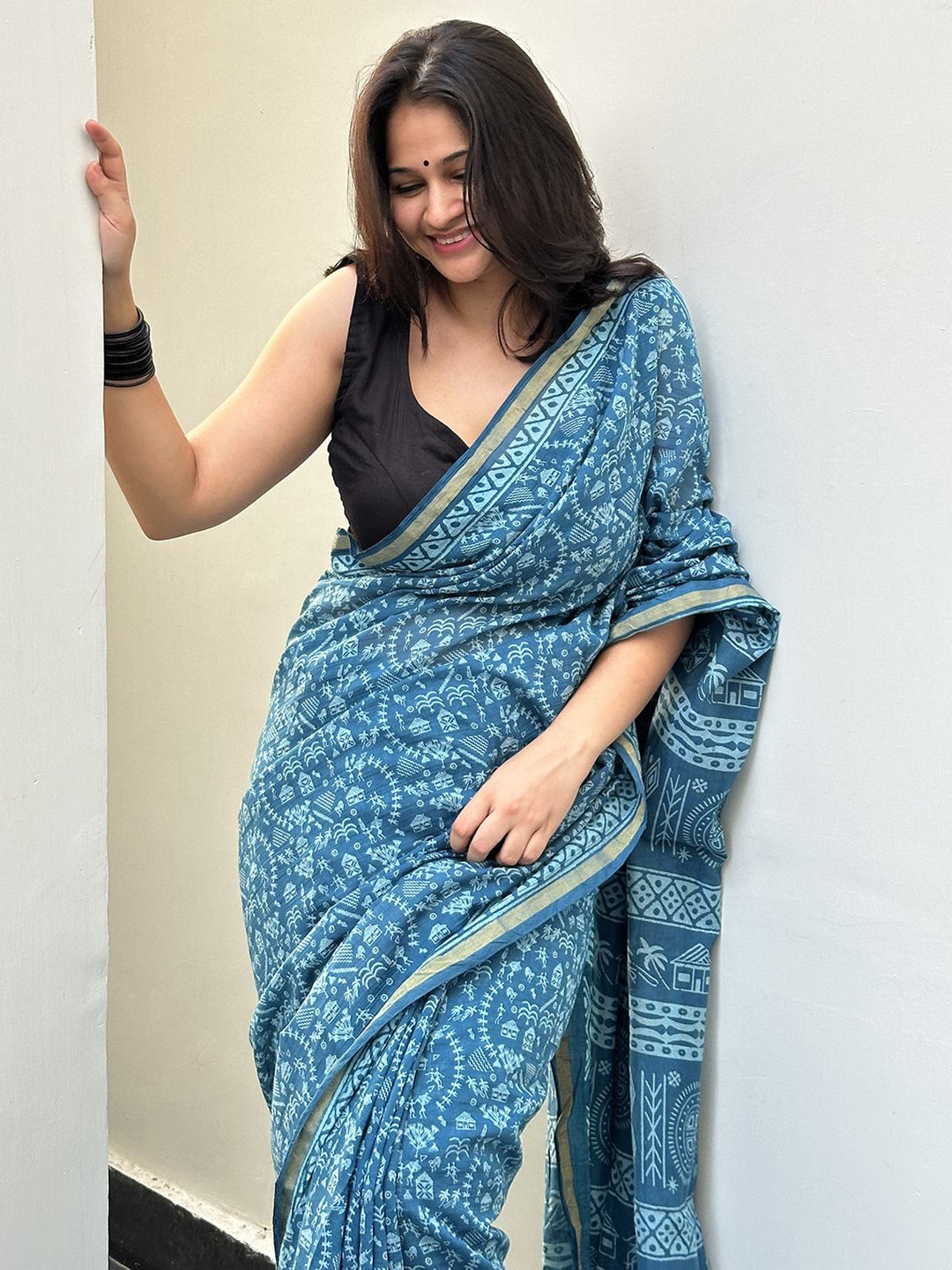 SareesWarli Waves Blue Chanderi Cotton SareePolki by Bhagwati SareesFlourish Planet