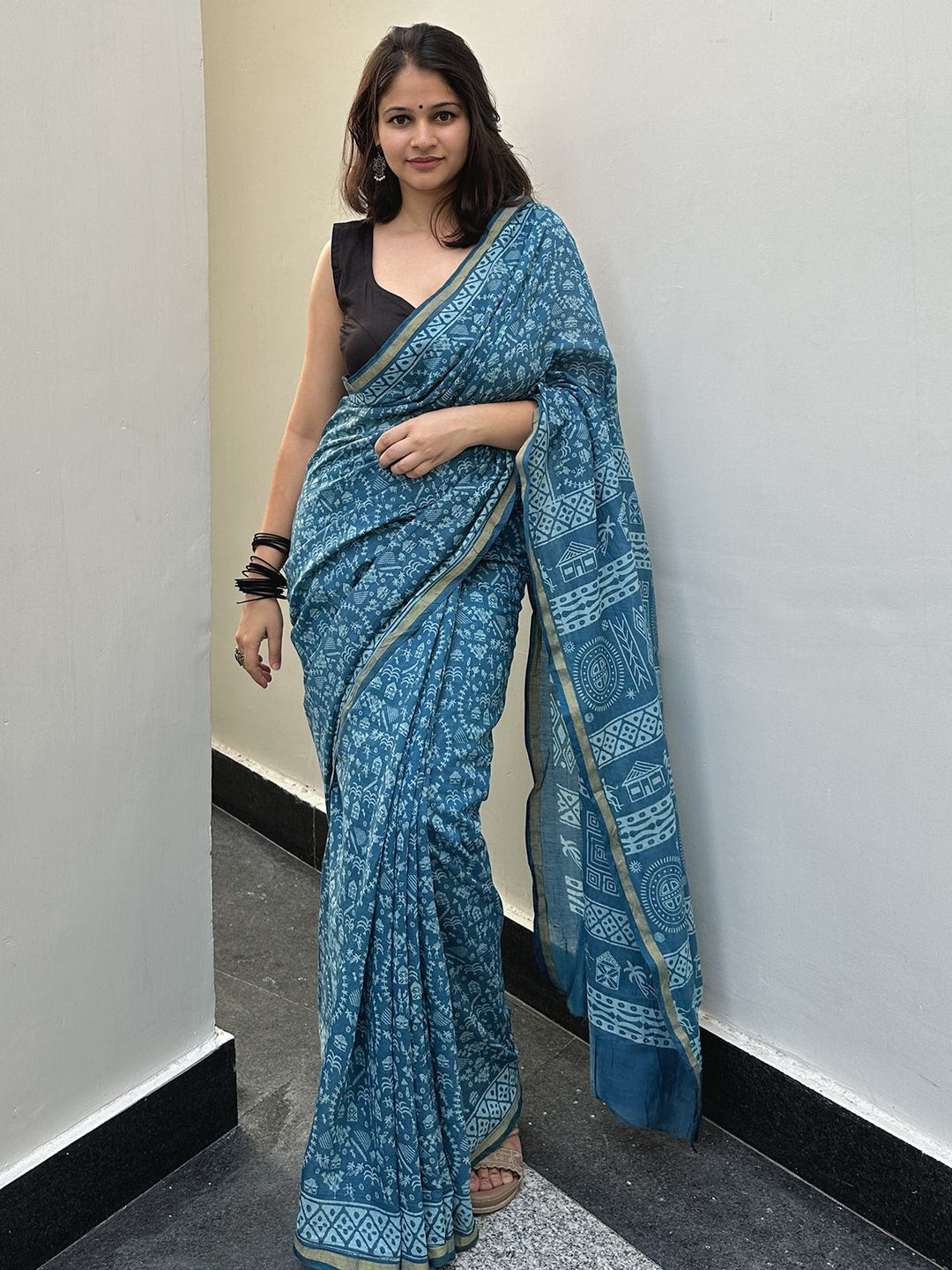 SareesWarli Waves Blue Chanderi Cotton SareePolki by Bhagwati SareesFlourish Planet