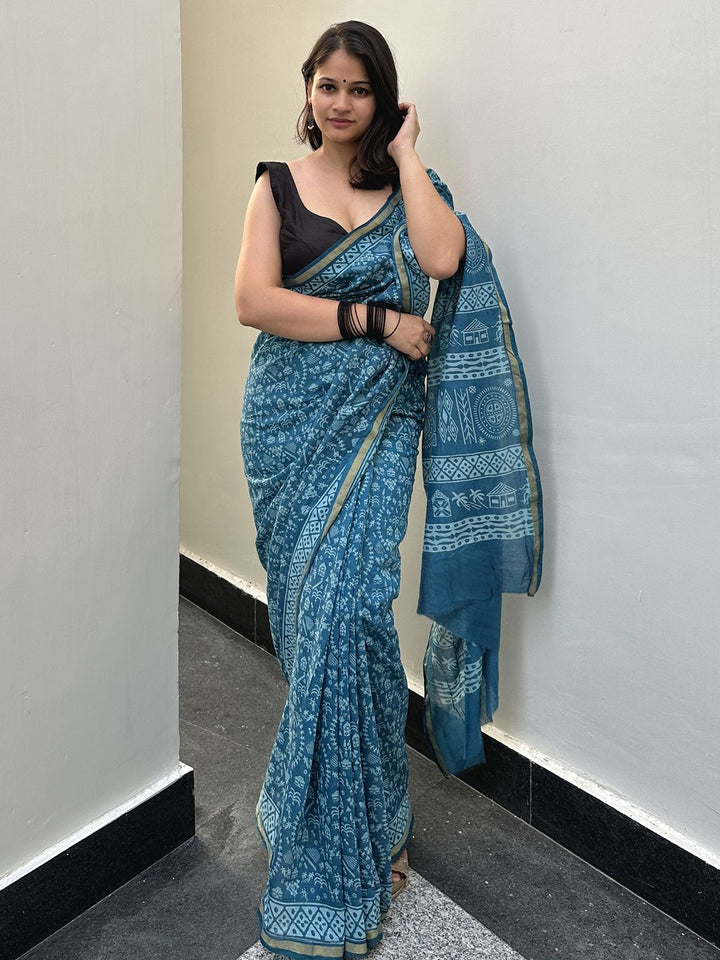 SareesWarli Waves Blue Chanderi Cotton SareePolki by Bhagwati SareesFlourish Planet