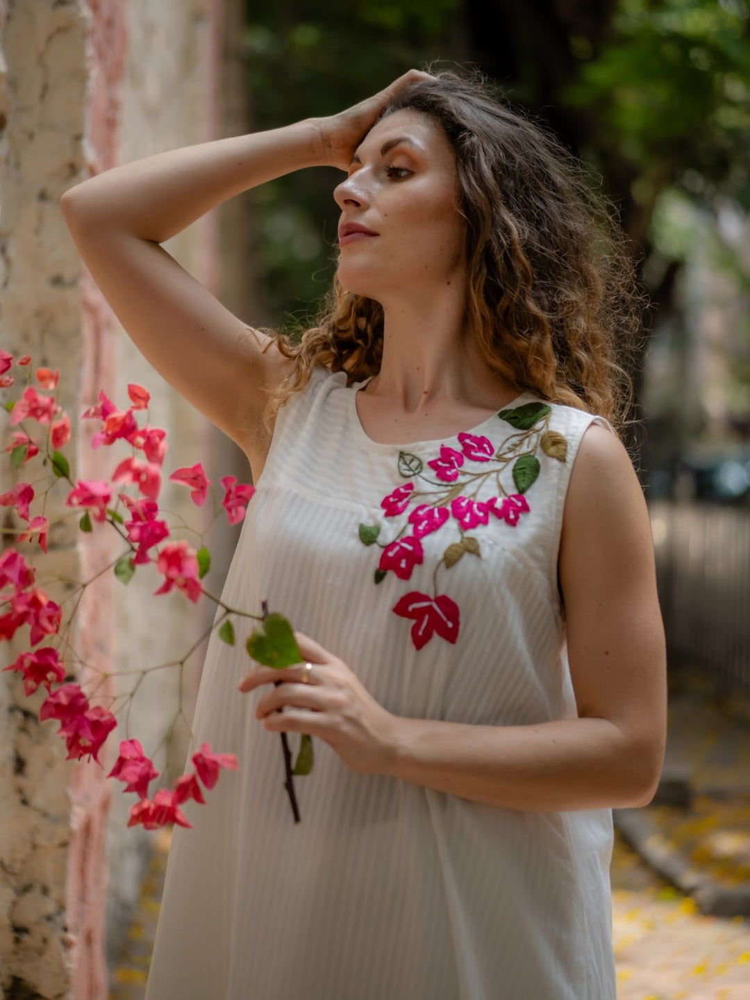 DressesWhite A - line Dress with Floral Hand - embroideryKrushnachuda