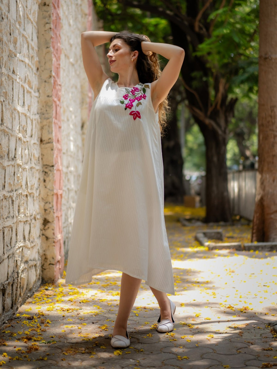 White A-line Dress with Floral Hand Embroidery | Flourish Planet XXXL White A-line Dress with Floral Hand Embroidery | Flourish Planet XXXL