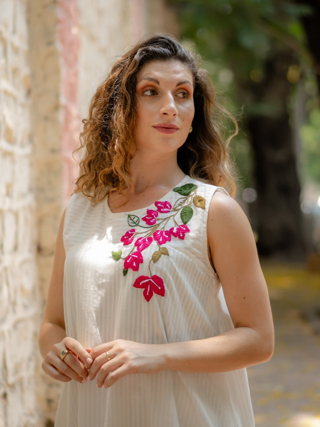 White A-line Dress with Floral Hand Embroidery | Flourish Planet White A-line Dress with Floral Hand Embroidery | Flourish Planet