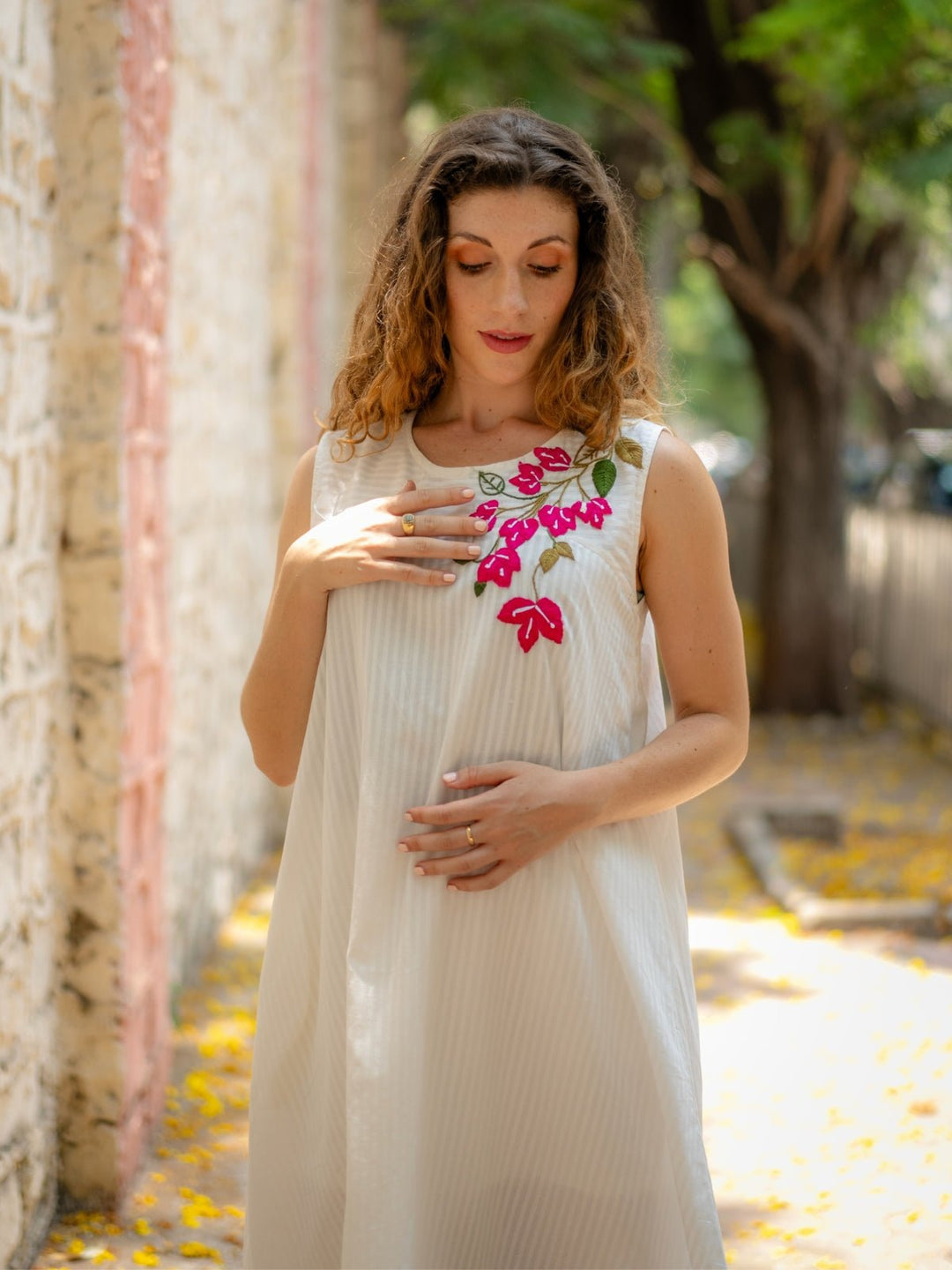 White A-line Dress with Floral Hand Embroidery | Flourish Planet White A-line Dress with Floral Hand Embroidery | Flourish Planet