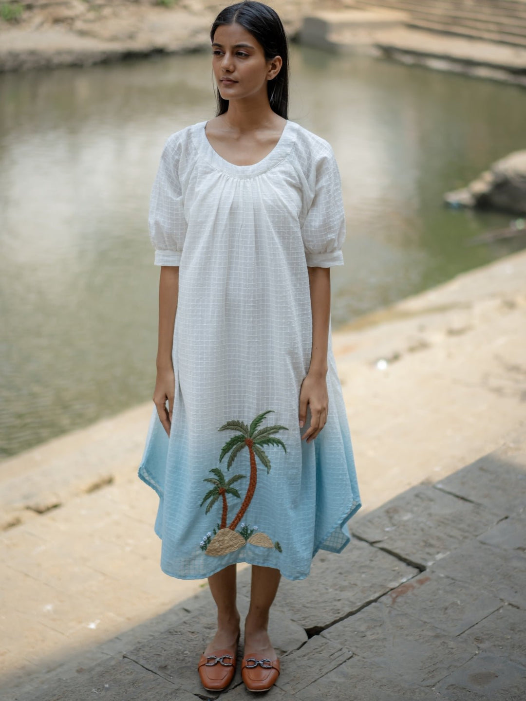 White Blue Ombre Hand Embroidered Dress