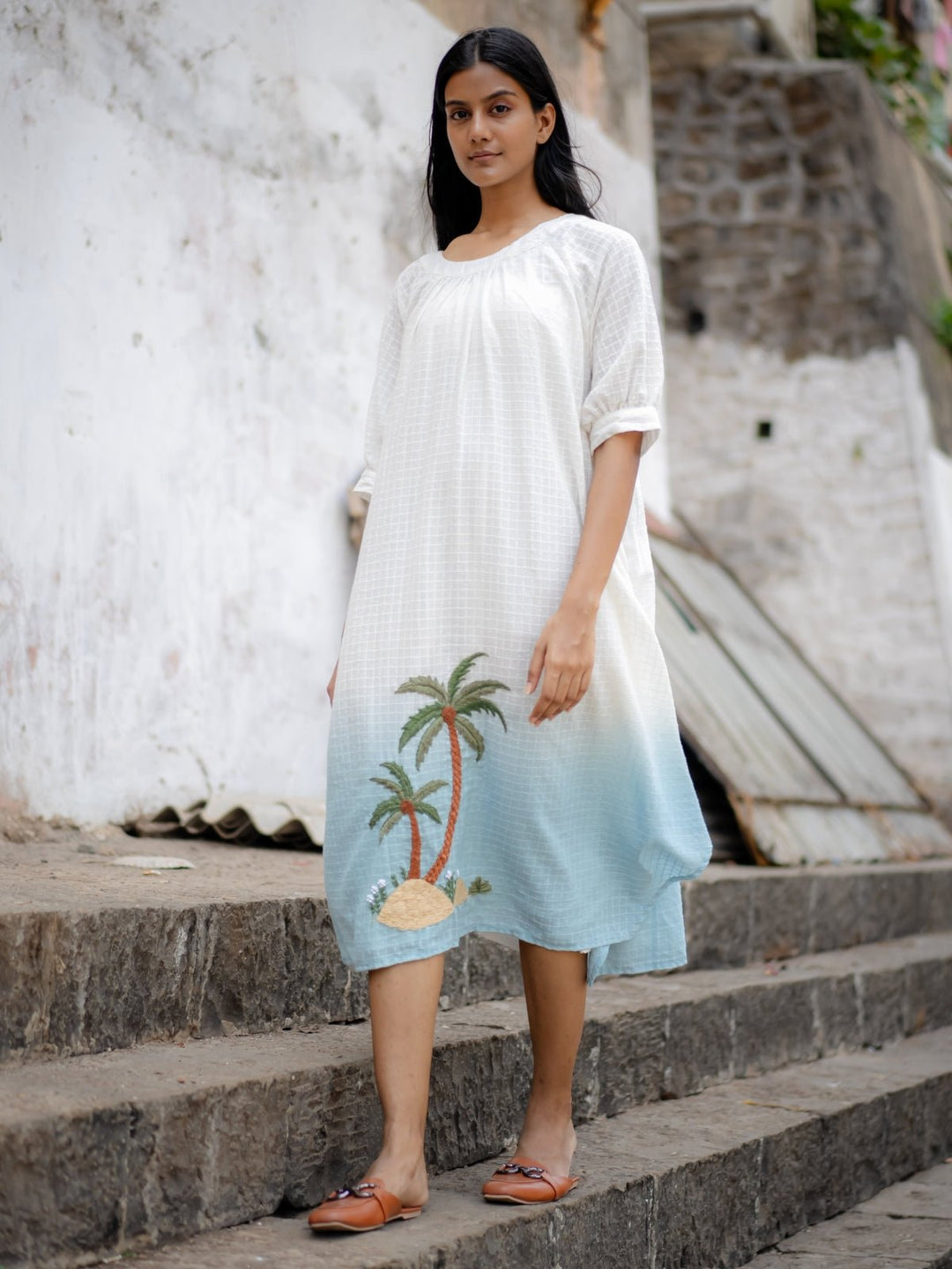 White Blue Ombre Hand Embroidered Dress | Flourish Planet XXL White Blue Ombre Hand Embroidered Dress | Flourish Planet XXL