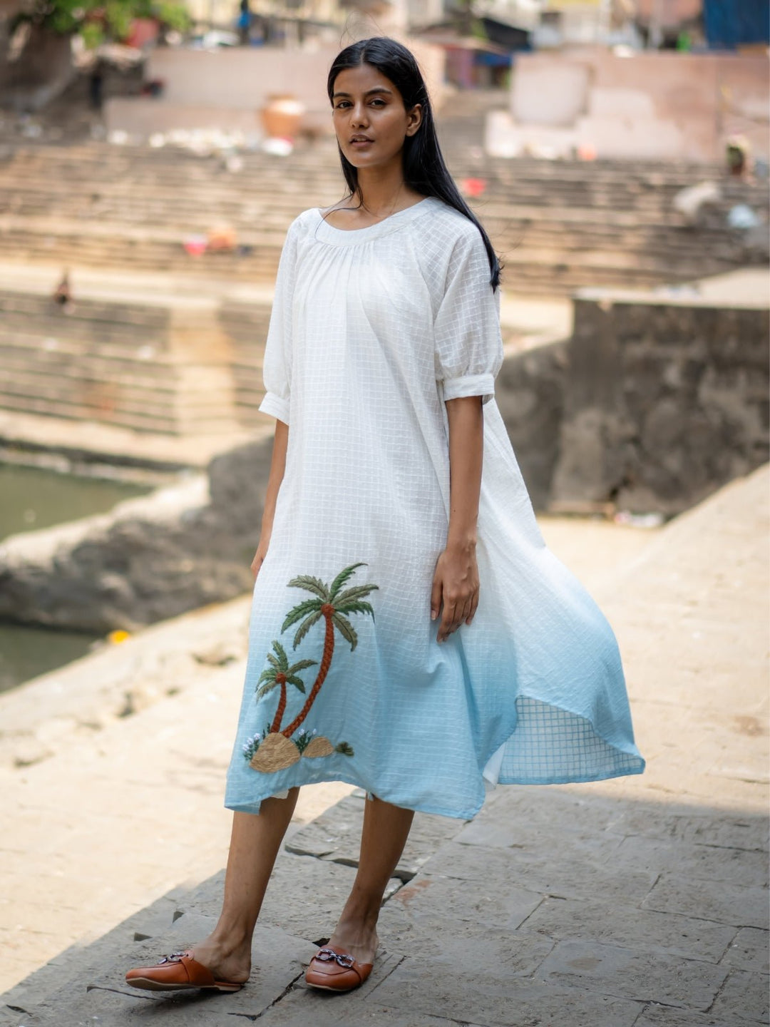 White Blue Ombre Hand Embroidered Dress | Flourish Planet White Blue Ombre Hand Embroidered Dress | Flourish Planet