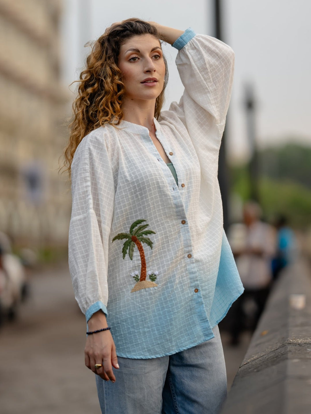 TopsWhite Blue Ombre Hand - embroidered ShirtKrushnachuda