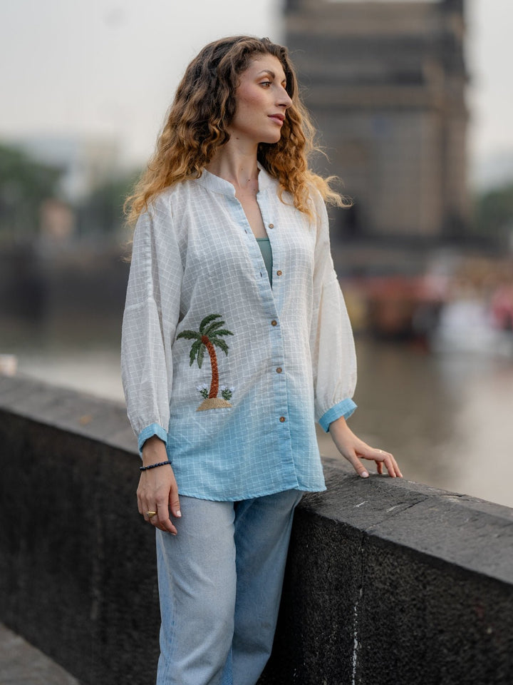 TopsWhite Blue Ombre Hand - embroidered ShirtKrushnachuda