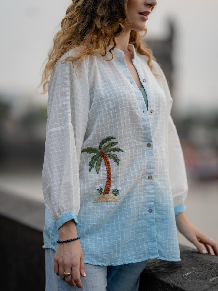 TopsWhite Blue Ombre Hand - embroidered ShirtKrushnachuda