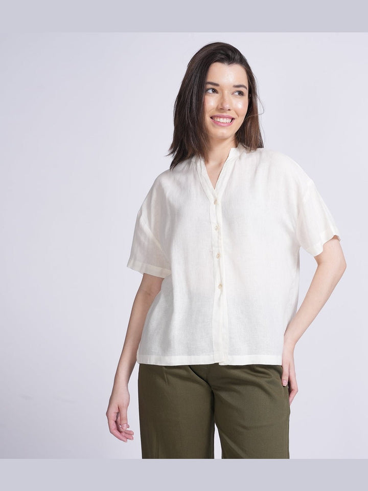 TopsWomen Linen Solid Drop Shoulder ShirtSaltpetre