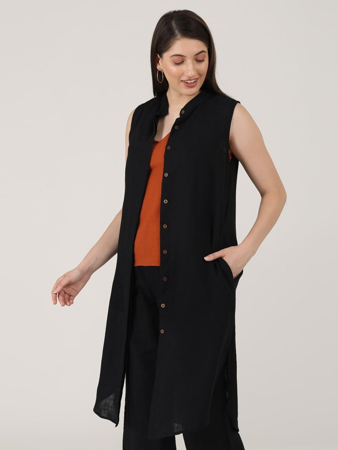 TopsWomen Linen Solid Mandarin Collar Long Shirt TunicSaltpetre