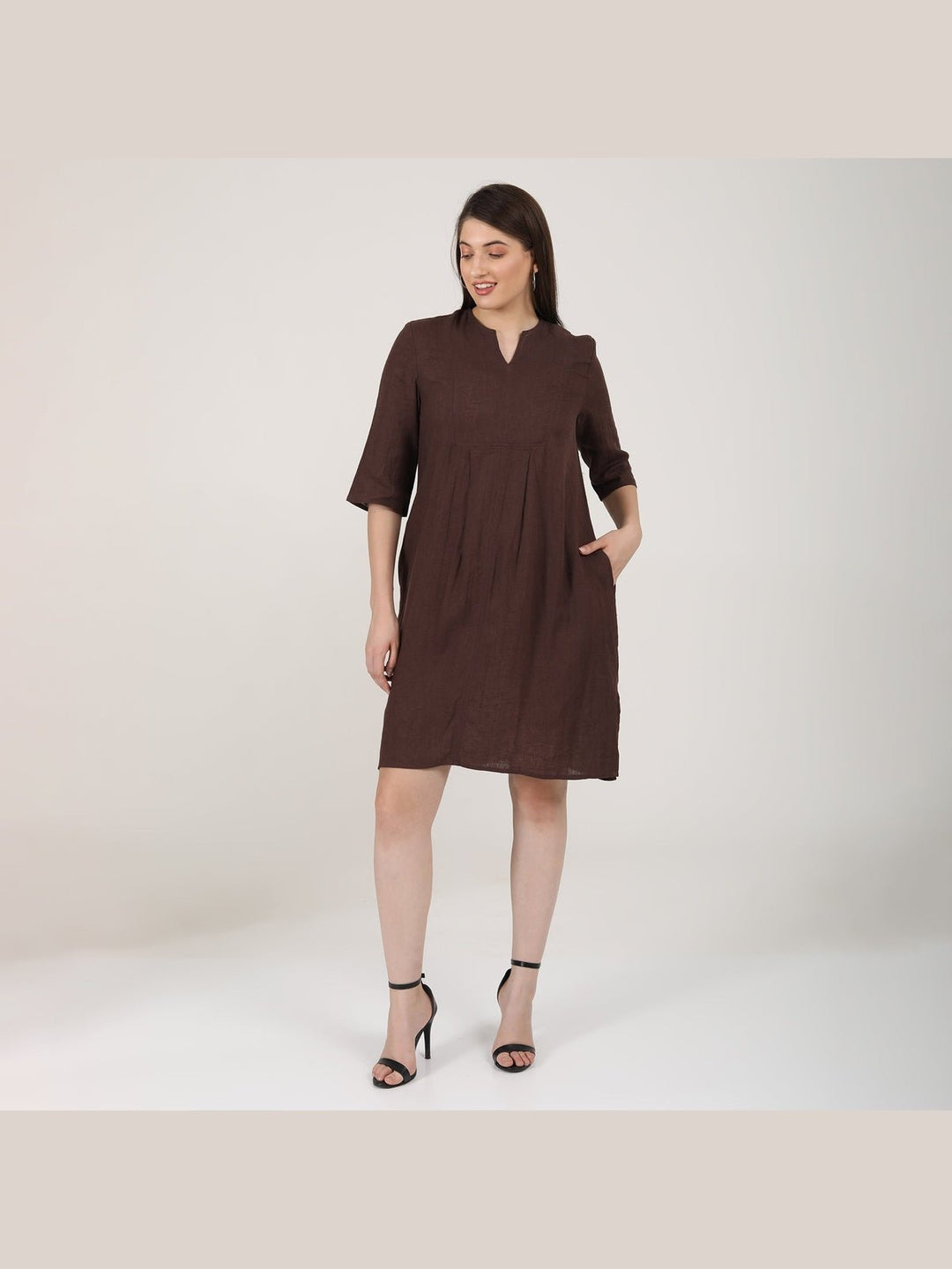 DressesWomen Linen Solid Panelled V - Neck DressSaltpetre