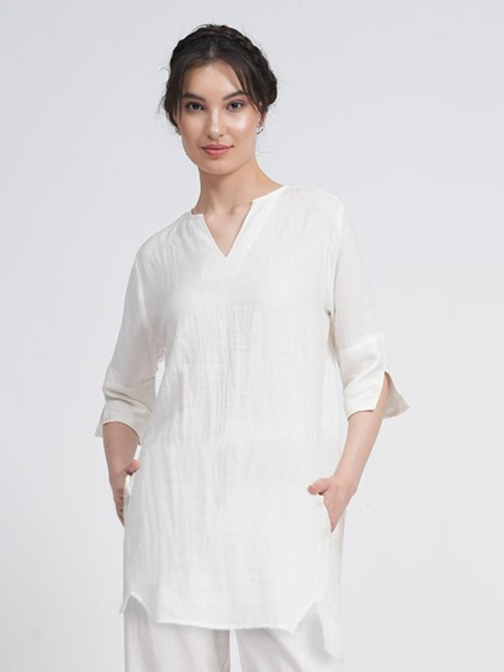 TopsWomen Linen Solid Split V Neck Tunic TopSaltpetre