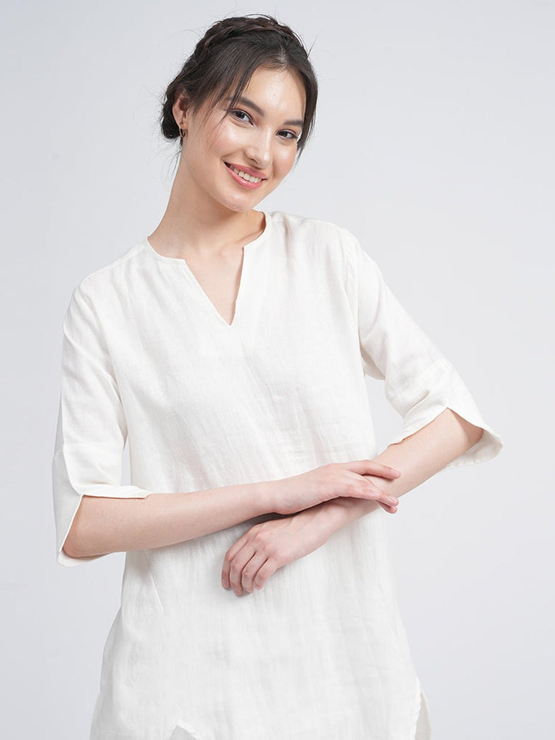 TopsWomen Linen Solid Split V Neck Tunic TopSaltpetre