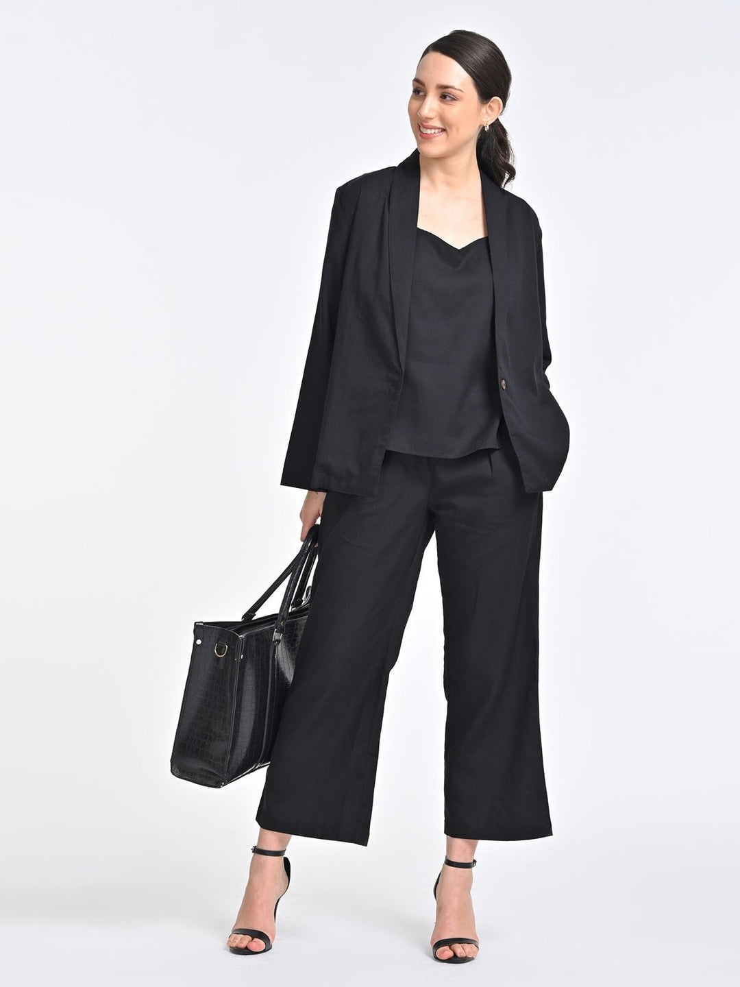 Co - ord SetWomen Solid Black Overlay and Slip Top with Trousers 3 Piece Coords SetSaltpetre