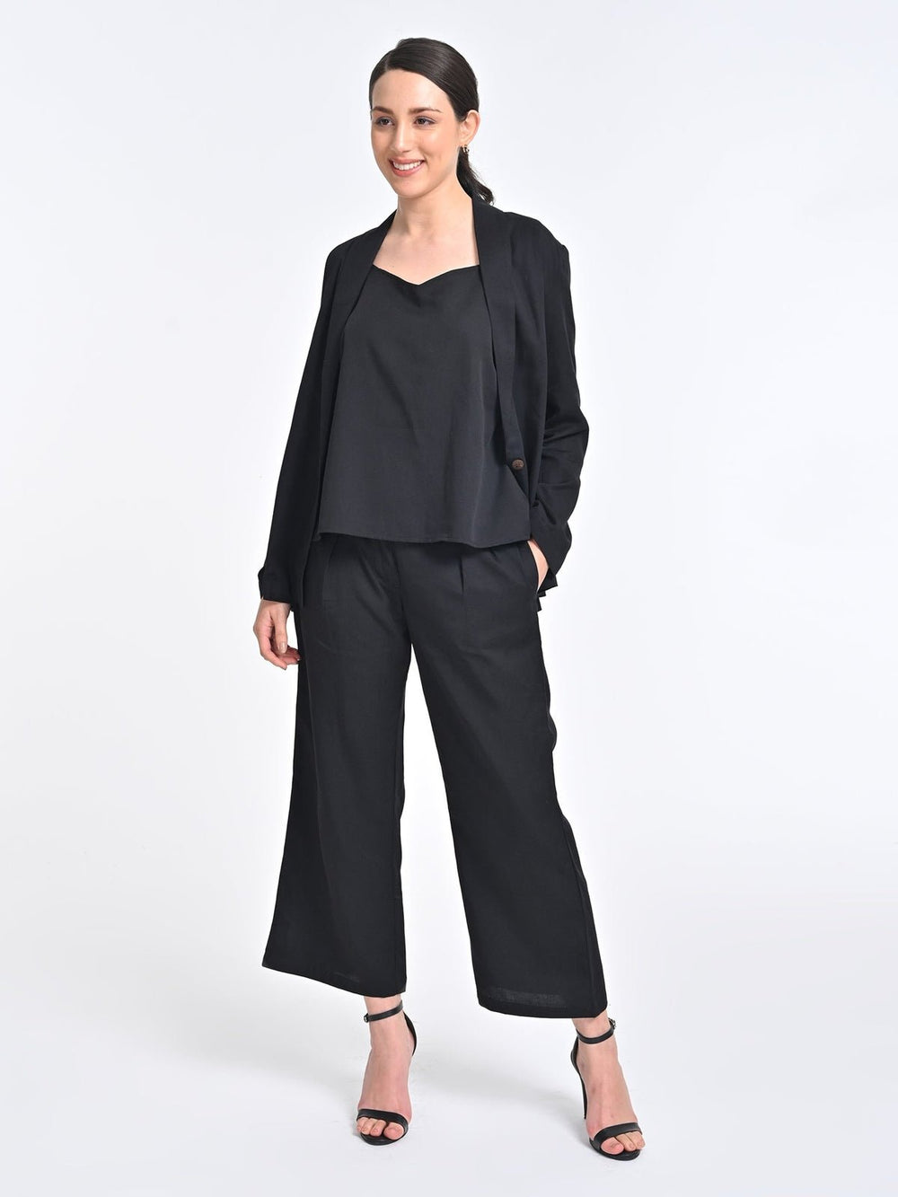 Co - ord SetWomen Solid Black Overlay and Slip Top with Trousers 3 Piece Coords SetSaltpetre