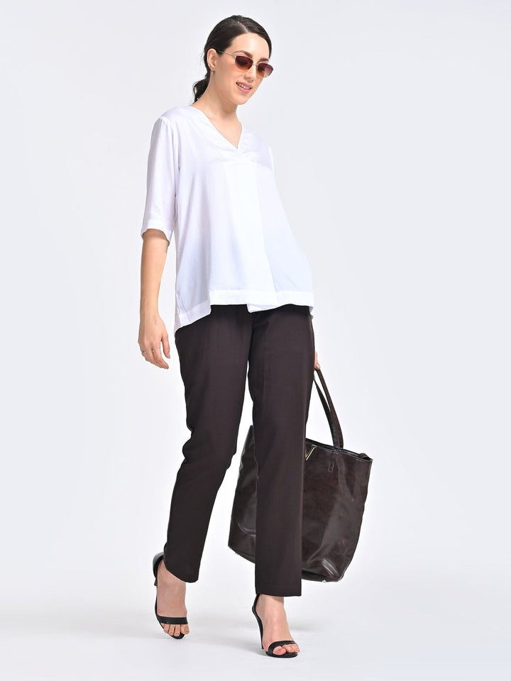 Co - ord SetWomen Solid Cream Front Pleat Top with Brown Trousers Coords SetSaltpetre