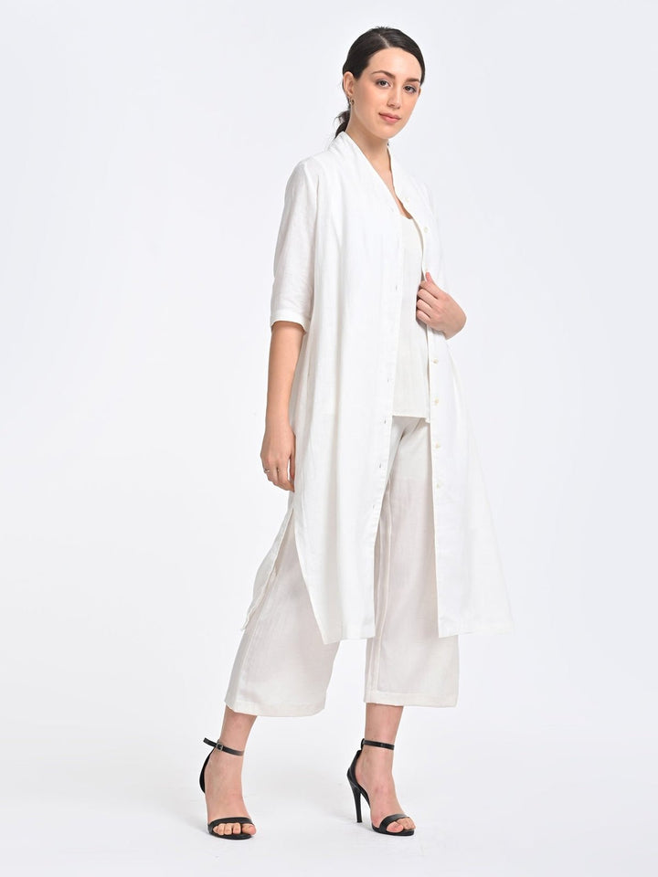 Co - ord SetWomen Solid Cream Overlay and Long Short with Trousers 3 Piece Coords SetSaltpetre