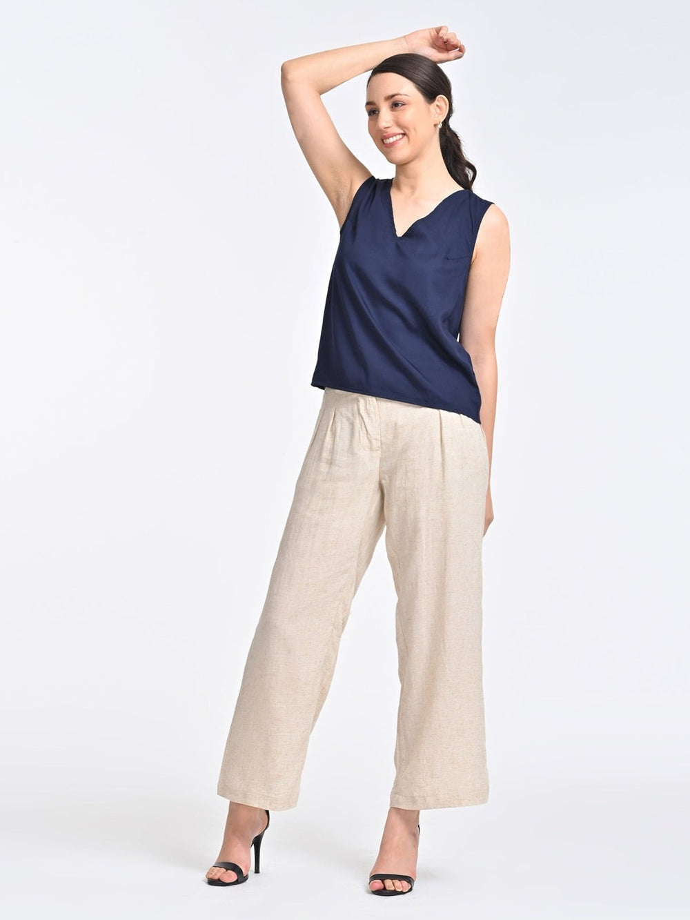 Co - ord SetWomen Solid Indigo V Neck Top with Beige Trousers Coords SetSaltpetre