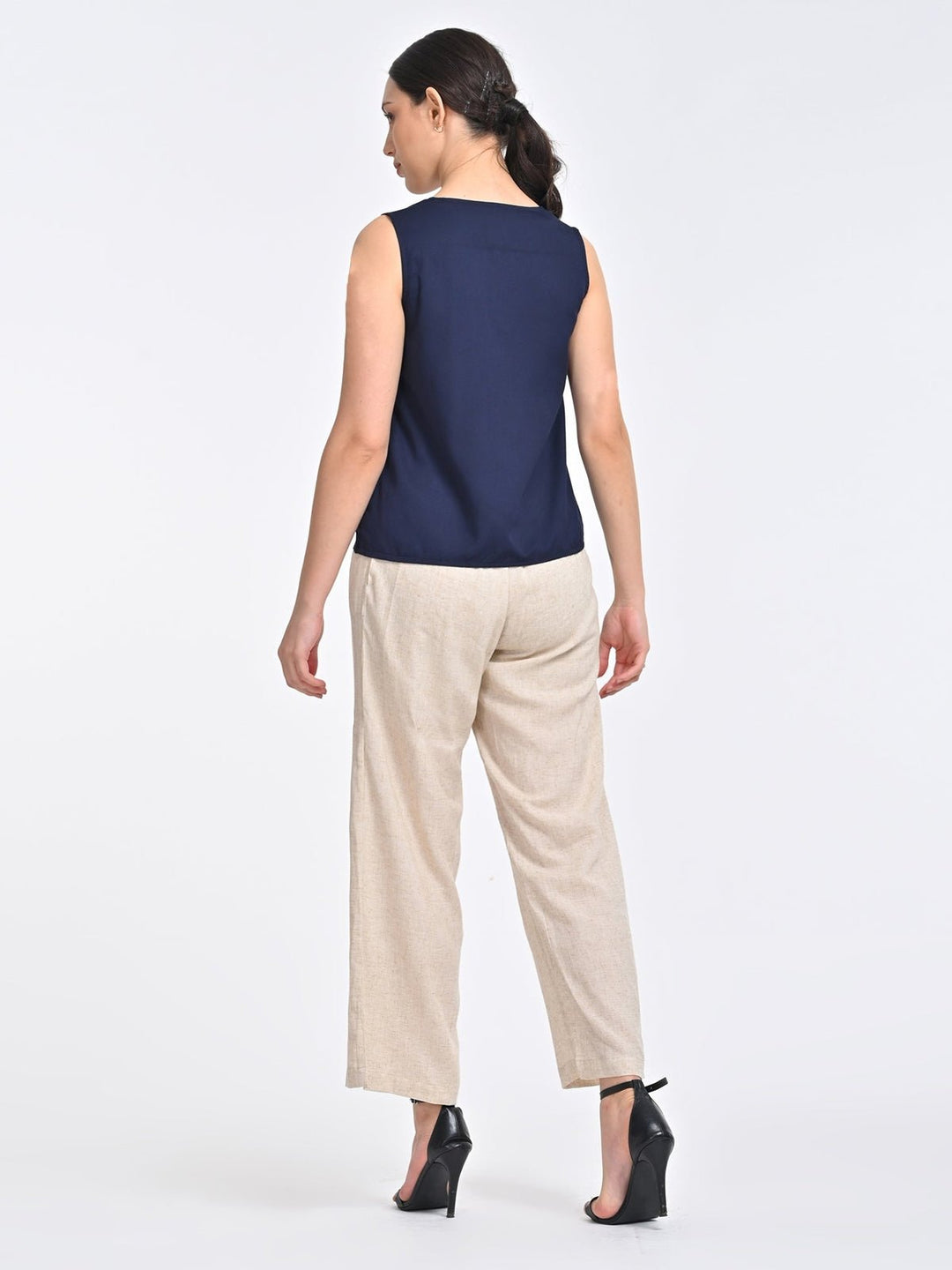 Co - ord SetWomen Solid Indigo V Neck Top with Beige Trousers Coords SetSaltpetre