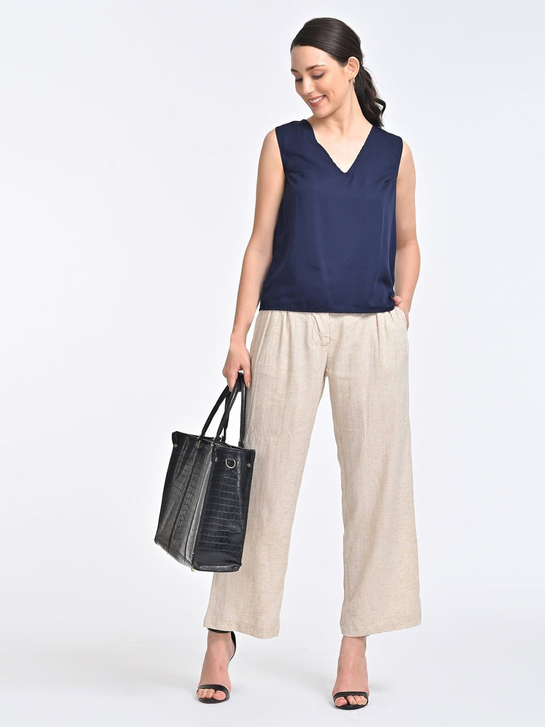 Co - ord SetWomen Solid Indigo V Neck Top with Beige Trousers Coords SetSaltpetre