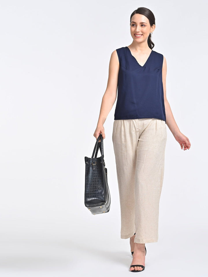 Co - ord SetWomen Solid Indigo V Neck Top with Beige Trousers Coords SetSaltpetre