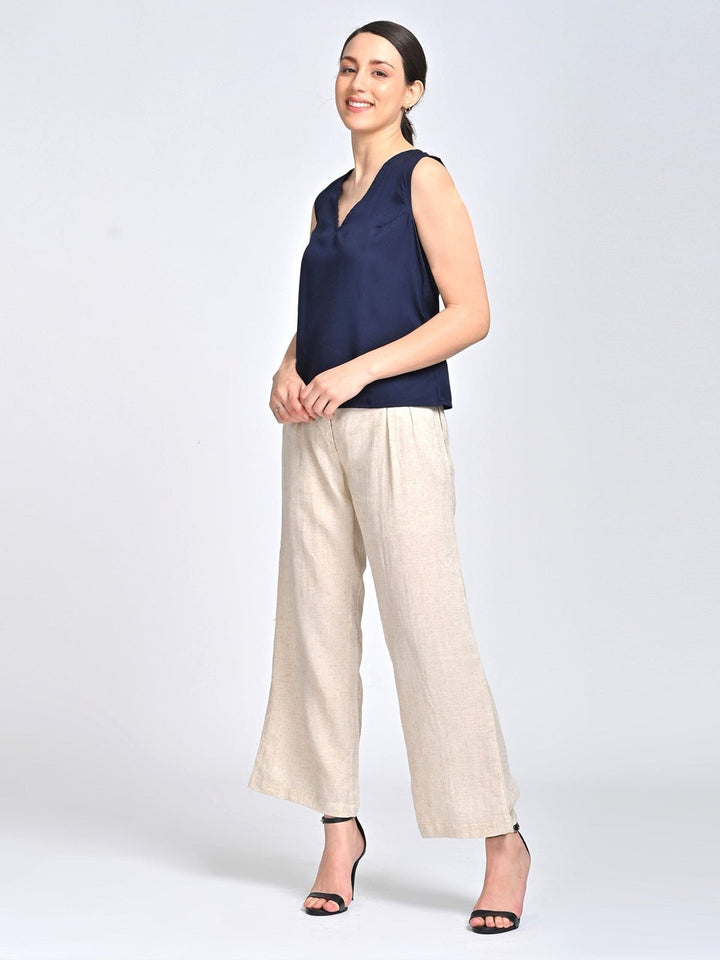 Co - ord SetWomen Solid Indigo V Neck Top with Beige Trousers Coords SetSaltpetre